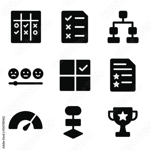 Decision Framework Icons. Solid, filled icons set of decision-making frameworks: decision matrix, pros-cons