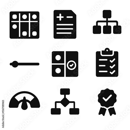 Decision Framework Icons. Solid, filled icons set of decision-making frameworks: decision matrix, pros-cons