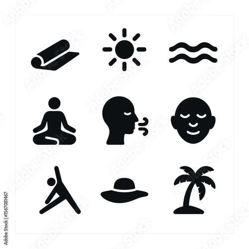 Beach Yoga Icons. Solid, filled icons set of beach yoga: yoga mat, sun icon, ocean waves, sitting pose, breath