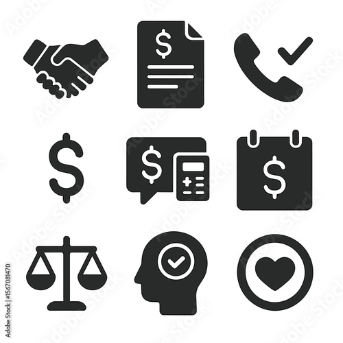 Debt Management Icons. Solid, filled icons set of negotiating and managing debt repayment: handshake icon,