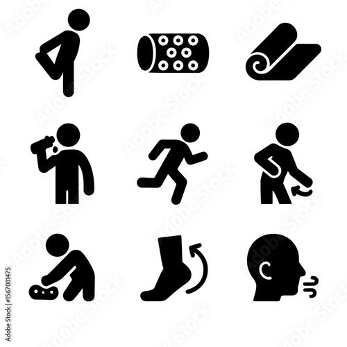 Exercise Icon Grid. Solid, filled icon set of warm-up and cool-down: stretching leg, foam roller, yoga mat, water break, jogging