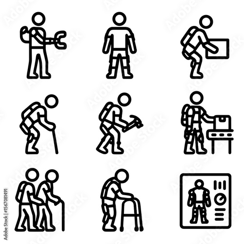 Exoskeleton Usage Icons. Solid, filled icon set of Humans using exoskeletons for everyday tasks: robotic arm assist, powered leg