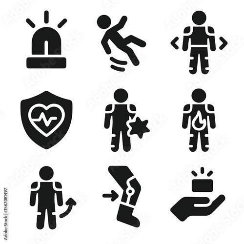 Exoskeleton Safety Icons. Solid, filled icon set of Health and safety features in exoskeletons: emergency alarm, fall detection,