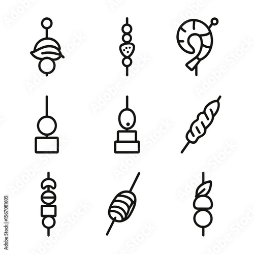 Skewer Icon Collection. Outline icon set of skewers and toothpick bites: caprese skewer, fruit skewer, shrimp skewer, meatball