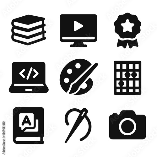 Skill Development Icons. Solid, Filled icon set of skill development path: book stack, online course screen, certificate badge,