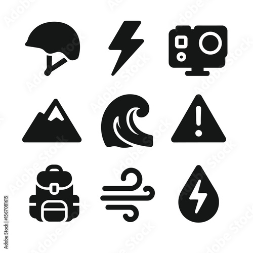 Extreme Adventure Icons. Solid, filled icon set of extreme adventure icons: helmet, lightning bolt, action camera, mountain peak,