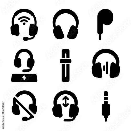 Headset Icons Grid. Solid, filled icon set of headset types and accessories: wireless headset, over-ear headphones, earbud mic,