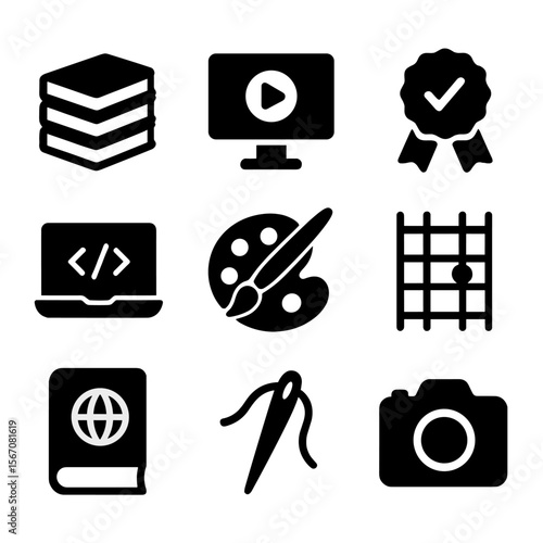 Skill Development Icons. Solid, Filled icon set of skill development path: book stack, online course screen, certificate badge,