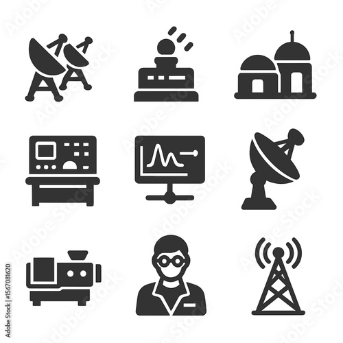 Deep Space Icons Grid. Solid, filled icons set of deep space research stations: radio array, cosmic ray
