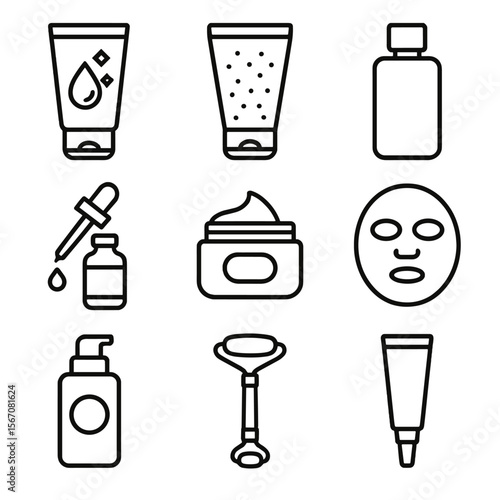 Skincare Icon Set. Outline icon set of skincare glow-up: cleanser tube, exfoliating scrub, toner bottle, serum dropper,