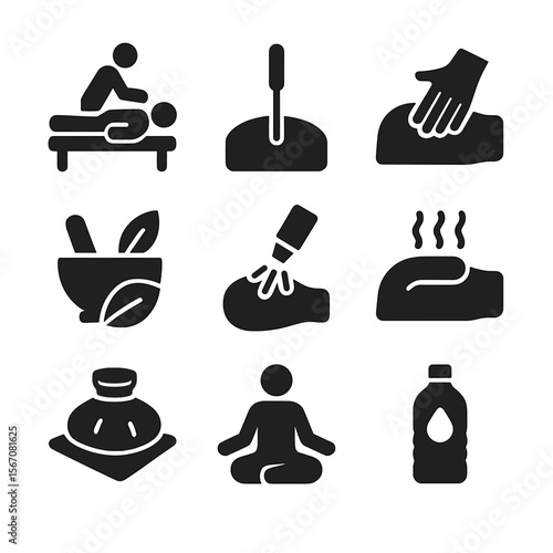 Healing Therapy Icons. Solid, filled icon set of healing therapies: physical therapy, acupuncture needle, massage hand, herbal