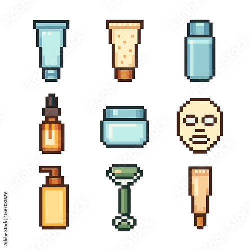 Skincare Pixel Art Set. Pixel art icon set of skincare glow-up: cleanser tube, exfoliating scrub, toner bottle, serum dropper,