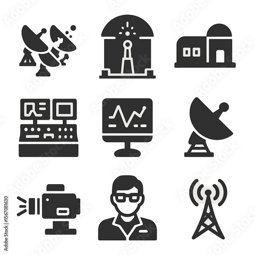 Deep Space Icons Grid. Solid, filled icons set of deep space research stations: radio array, cosmic ray