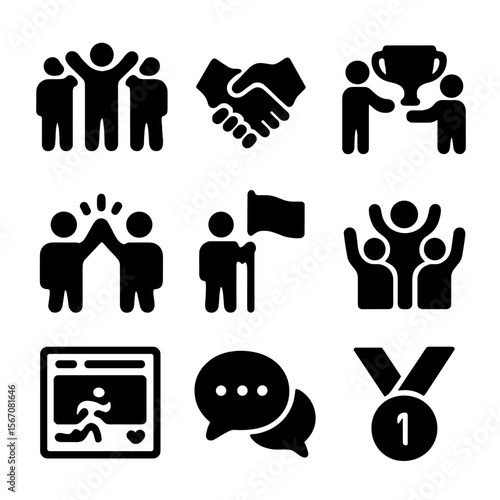 Fitness Challenge Icons. Solid, filled icon set of fitness challenge social aspect: group workout, handshake, trophy presentation,