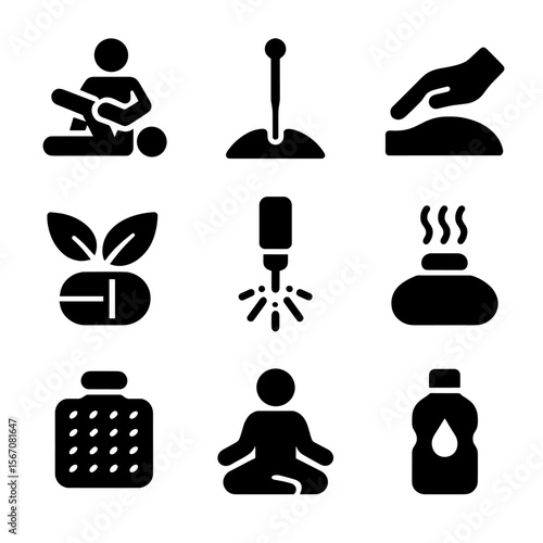 Healing Therapy Icons. Solid, filled icon set of healing therapies: physical therapy, acupuncture needle, massage hand, herbal