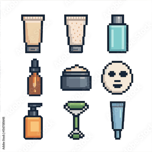 Skincare Pixel Art Set. Pixel art icon set of skincare glow-up: cleanser tube, exfoliating scrub, toner bottle, serum dropper,