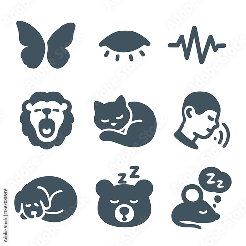 Sleep Cycle Icons. Flat icon set of sleep cycle behaviors: REM flutter wing, closed eye silhouette, brain wave line, yawning lion,