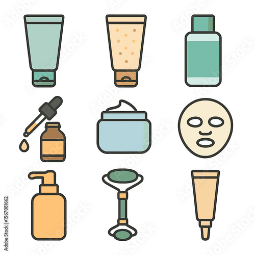 Skincare Icon Set. Flat icon set of skincare glow-up: cleanser tube, exfoliating scrub, toner bottle, serum dropper, moisturizer