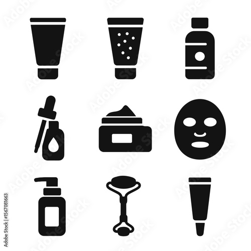 Skincare Icon Set. Solid, Filled icon set of skincare glow-up: cleanser tube, exfoliating scrub, toner bottle, serum dropper,