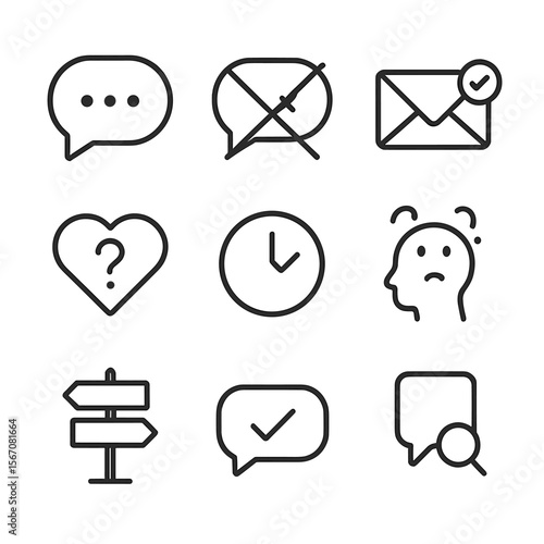 Communication Challenge Icons. Outline icon set of communication challenges and ghosting: conversation bubble with ellipsis,