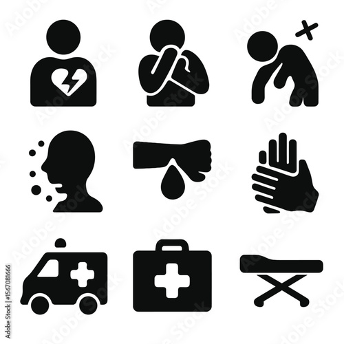 Health Emergency Icons. Solid, filled icon set of health emergency dangers: heart attack, choking, fainting, allergic reaction,