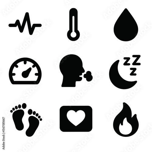 Health Icons Grid. Solid, filled icon set of body health indicators: pulse icon, temperature check, hydration drop, stress gauge,