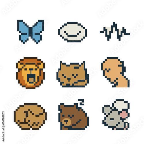 Sleep Cycle Icons. Pixel art icon set of sleep cycle behaviors: REM flutter wing, closed eye silhouette, brain wave line, yawning