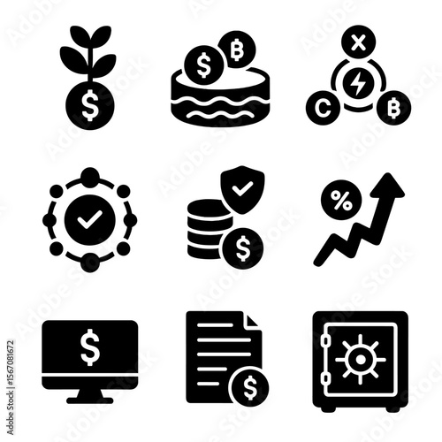 DeFi Icons Grid. Solid, filled icons set of decentralized finance (DeFi): yield farming, liquidity pool,