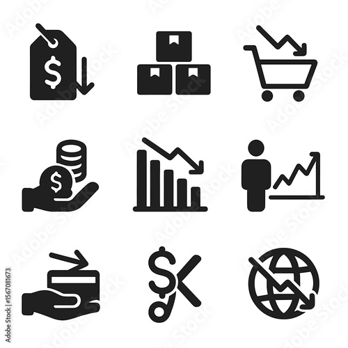 Deflation Risk Icons. Solid, filled icons set of deflation risk indicators: price drop, inventory buildup, low