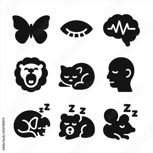 Sleep Cycle Icons. Solid, Filled icon set of sleep cycle behaviors: REM flutter wing, closed eye silhouette, brain wave line,