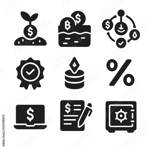 DeFi Icons Grid. Solid, filled icons set of decentralized finance (DeFi): yield farming, liquidity pool,