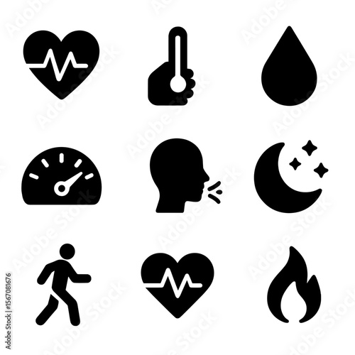 Health Icons Grid. Solid, filled icon set of body health indicators: pulse icon, temperature check, hydration drop, stress gauge,