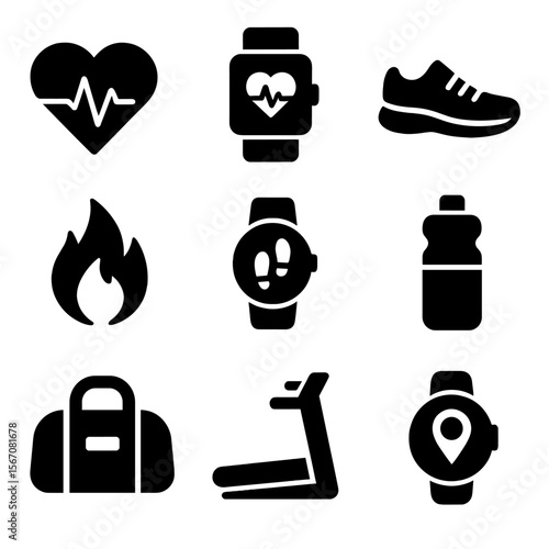 Fitness Icons Grid. Solid, filled icon set of fitness tracking: heart rate monitor, smartwatch, running shoe, calorie count, step