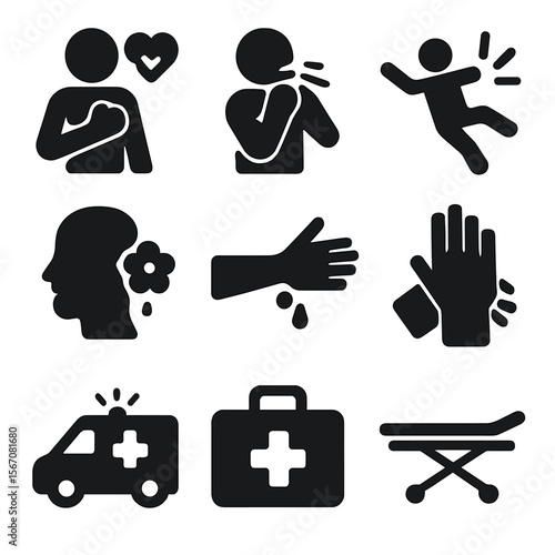 Health Emergency Icons. Solid, filled icon set of health emergency dangers: heart attack, choking, fainting, allergic reaction,