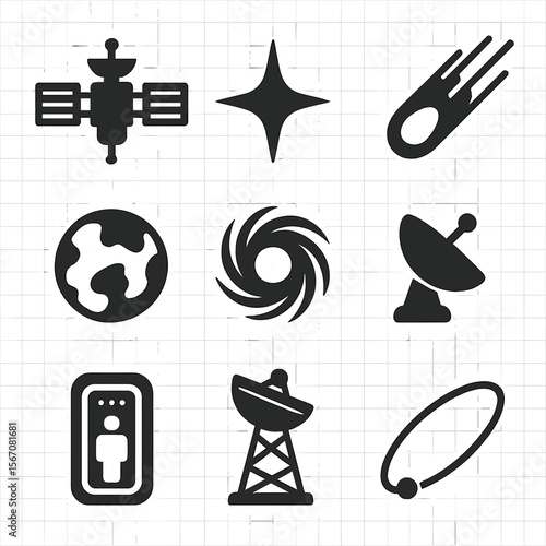 Deep Space Icons. Solid, filled icons set of deep space missions: space probe, distant star, comet, exoplanet,