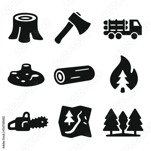 Deforestation Icon Set. Solid, filled icons set of deforestation: tree stump, axe icon, logging truck, cleared