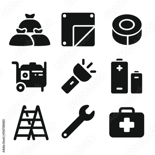 Extreme Weather Prep Icons. Solid, filled icon set of extreme weather home prep tools: sandbags, tarp, duct tape, generator,