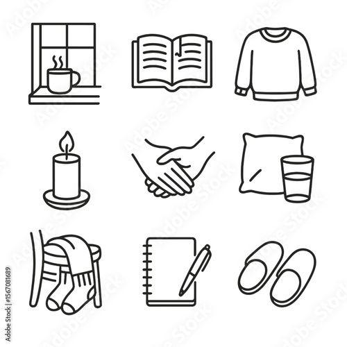 Comfort In Sadness Icons. Outline icon set of seeking comfort in sadness: steaming mug on windowsill, open book with bookmark,