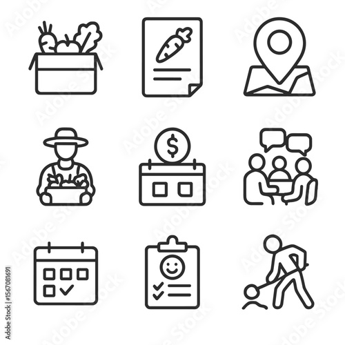 Community Agriculture Icons. Outline icon set of community-supported agriculture models: subscription box with produce, farm share