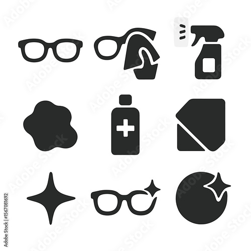 Eyewear Cleaning Icons. Solid, filled icon set of cleaning glasses with a cloth: eyeglasses, microfiber cloth, hand wiping lens,