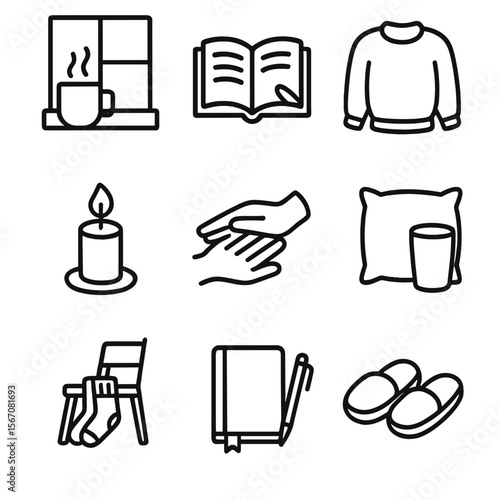 Comfort In Sadness Icons. Outline icon set of seeking comfort in sadness: steaming mug on windowsill, open book with bookmark,