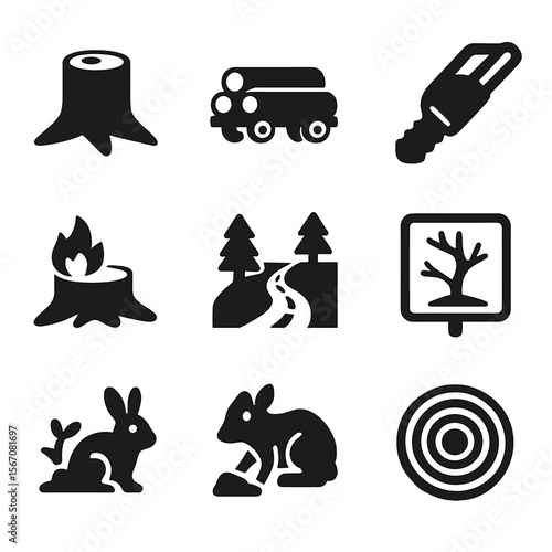 Deforestation Icon Set. Solid, filled icons set of deforestation and habitat destruction: chopped tree,