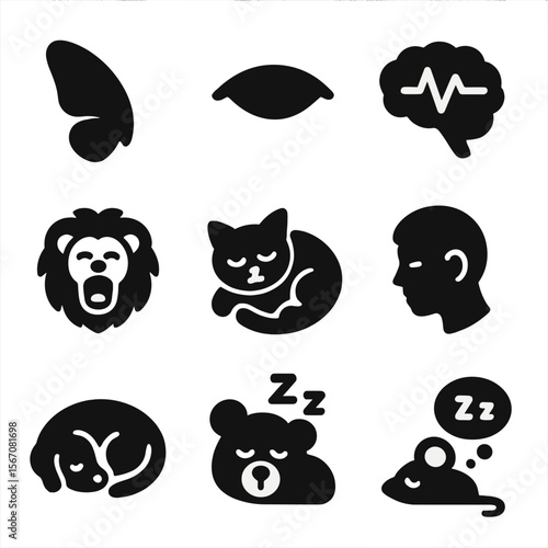 Sleep Cycle Icons. Solid, Filled icon set of sleep cycle behaviors: REM flutter wing, closed eye silhouette, brain wave line,