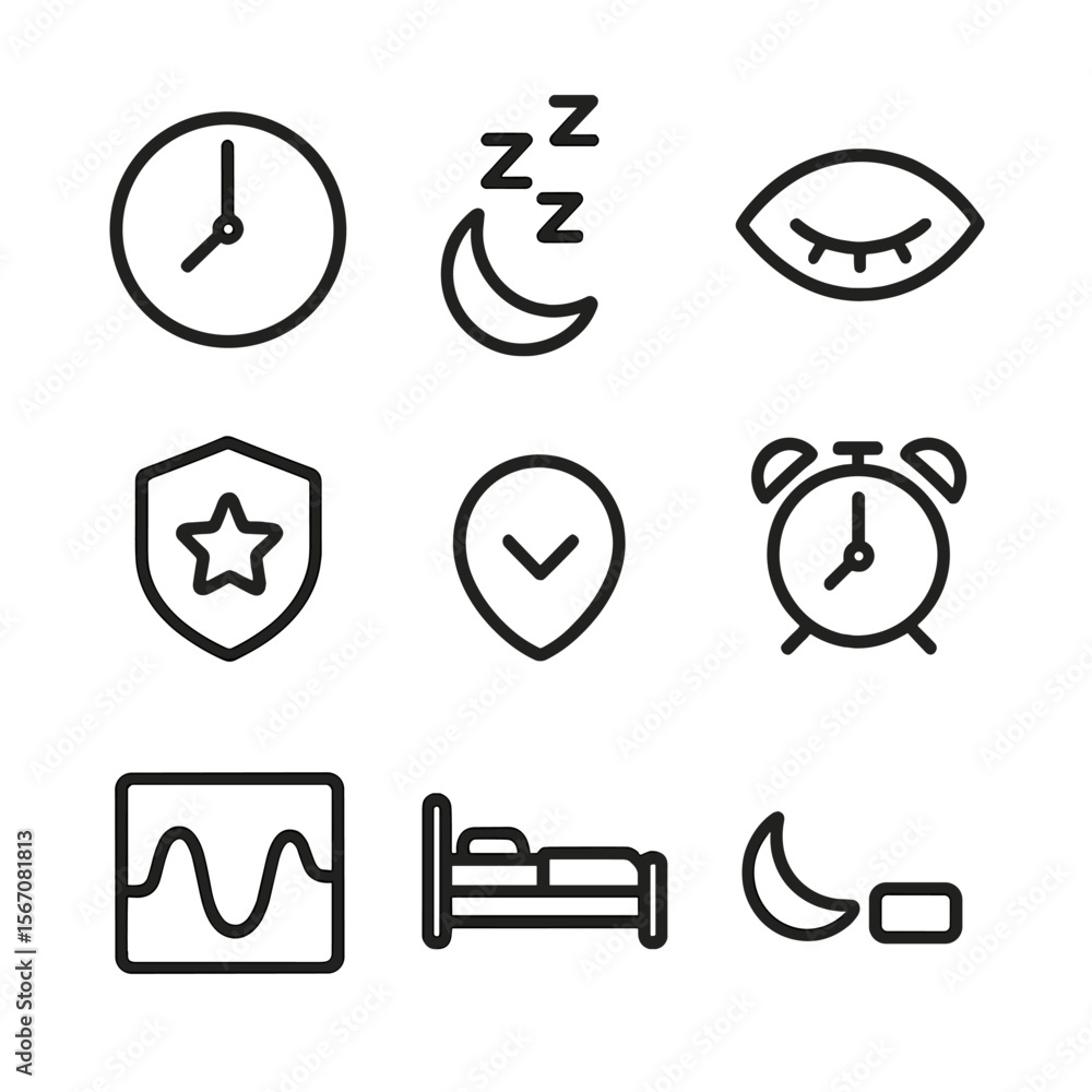 Fototapeta premium Sleep Tracking Icons. Outline icon set of sleep tracking details: total sleep hours, deep sleep stage, REM stage, light sleep
