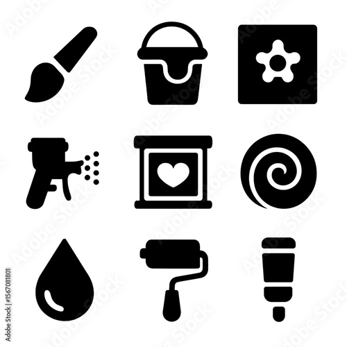 Fabric Art Tools Grid. Solid, filled icon set of fabric dyeing and printing: paintbrush, dye bucket, stencil, spray gun, screen