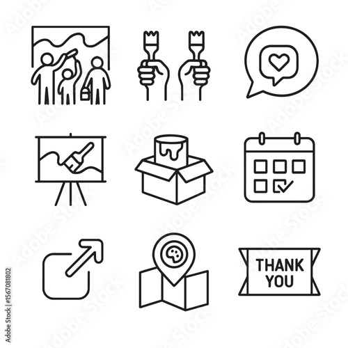 Community Mural Icons. Outline icon set of community mural engagement: group of figures painting, volunteer hands with brushes,