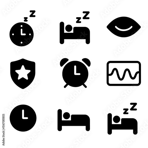 Sleep Tracking Icons. Solid, Filled icon set of sleep tracking details: total sleep hours, deep sleep stage, REM stage, light