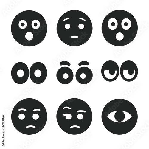 Facial Expressions Grid. Solid, filled icon set of facial expressions with staring: surprised face, curious face, shocked face,