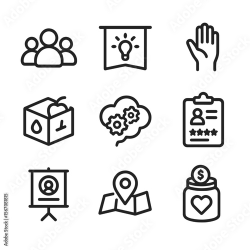 Community Skill Icons. Outline icon set of community skill-sharing events: group silhouette, workshop banner, volunteer hand,