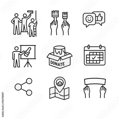 Community Mural Icons. Outline icon set of community mural engagement: group of figures painting, volunteer hands with brushes,